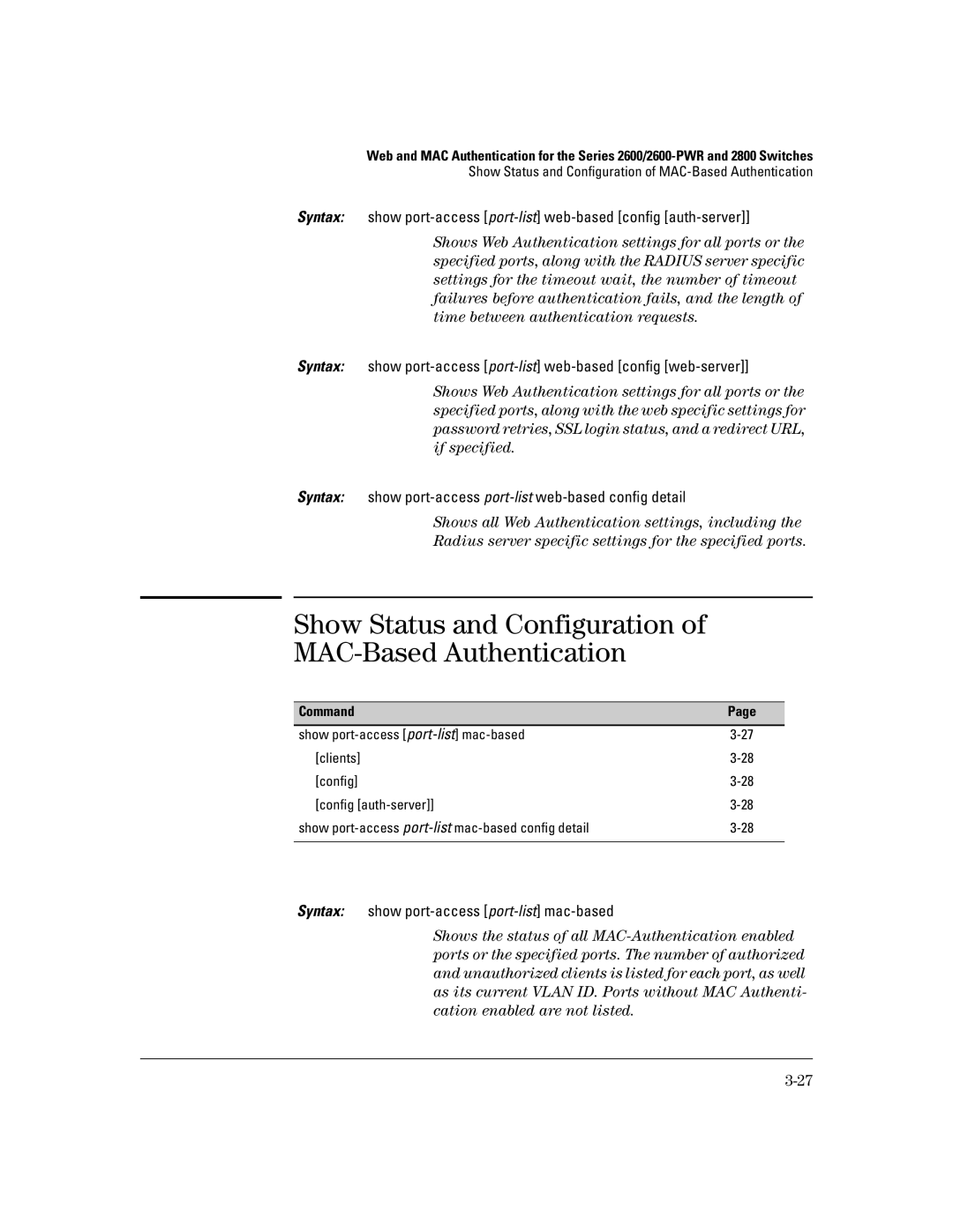 HP 4100gl, 2650 (J4899A/B), 2626 (J4900A/B), 2600-PWR, 6108 manual Show Status and Configuration of MAC-Based Authentication 