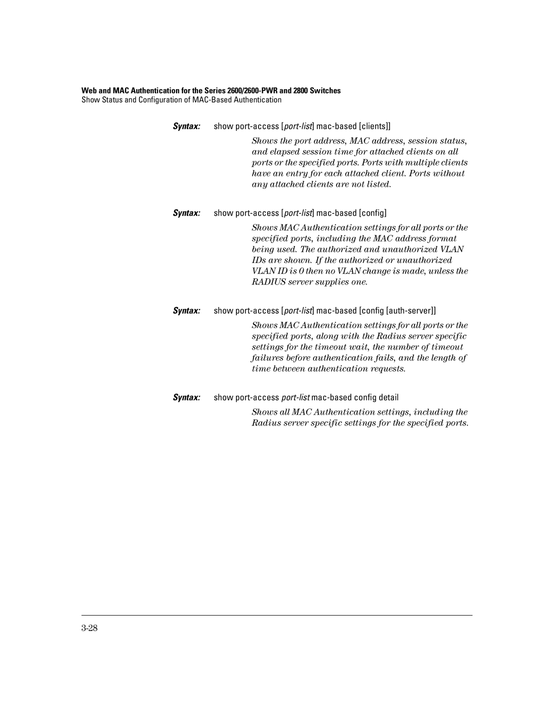 HP 4100gl, 2650 (J4899A/B), 2626 (J4900A/B), 2600-PWR, 6108 manual Syntax show port-access port-list mac-based clients 