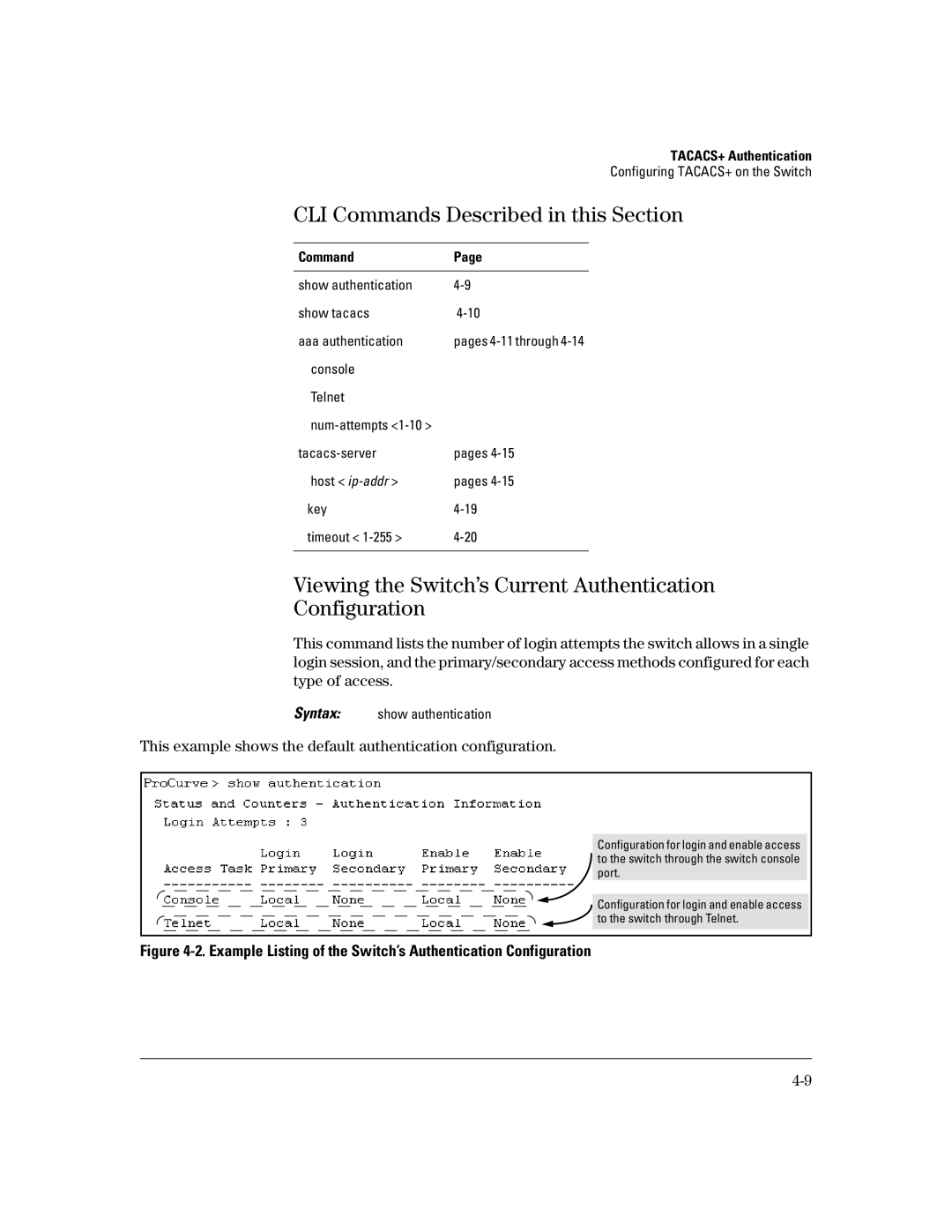 HP 4100gl, 2600-PWR CLI Commands Described in this Section, Viewing the Switch’s Current Authentication Configuration 