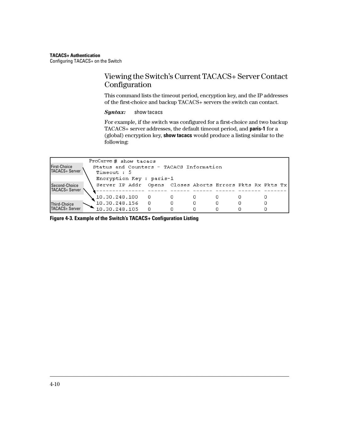 HP 4100gl, 2650 (J4899A/B), 2626 (J4900A/B), 2600-PWR, 6108 manual Example of the Switch’s TACACS+ Configuration Listing 