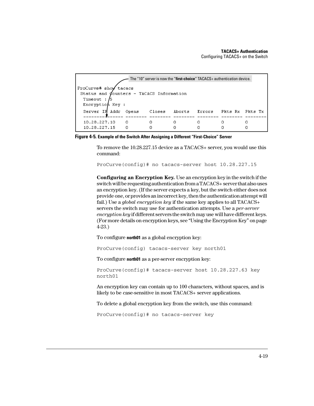 HP 2600-PWR, 4100gl, 6108 manual ProCurveconfig# no tacacs-server host, To configure north01 as a per-server encryption key 