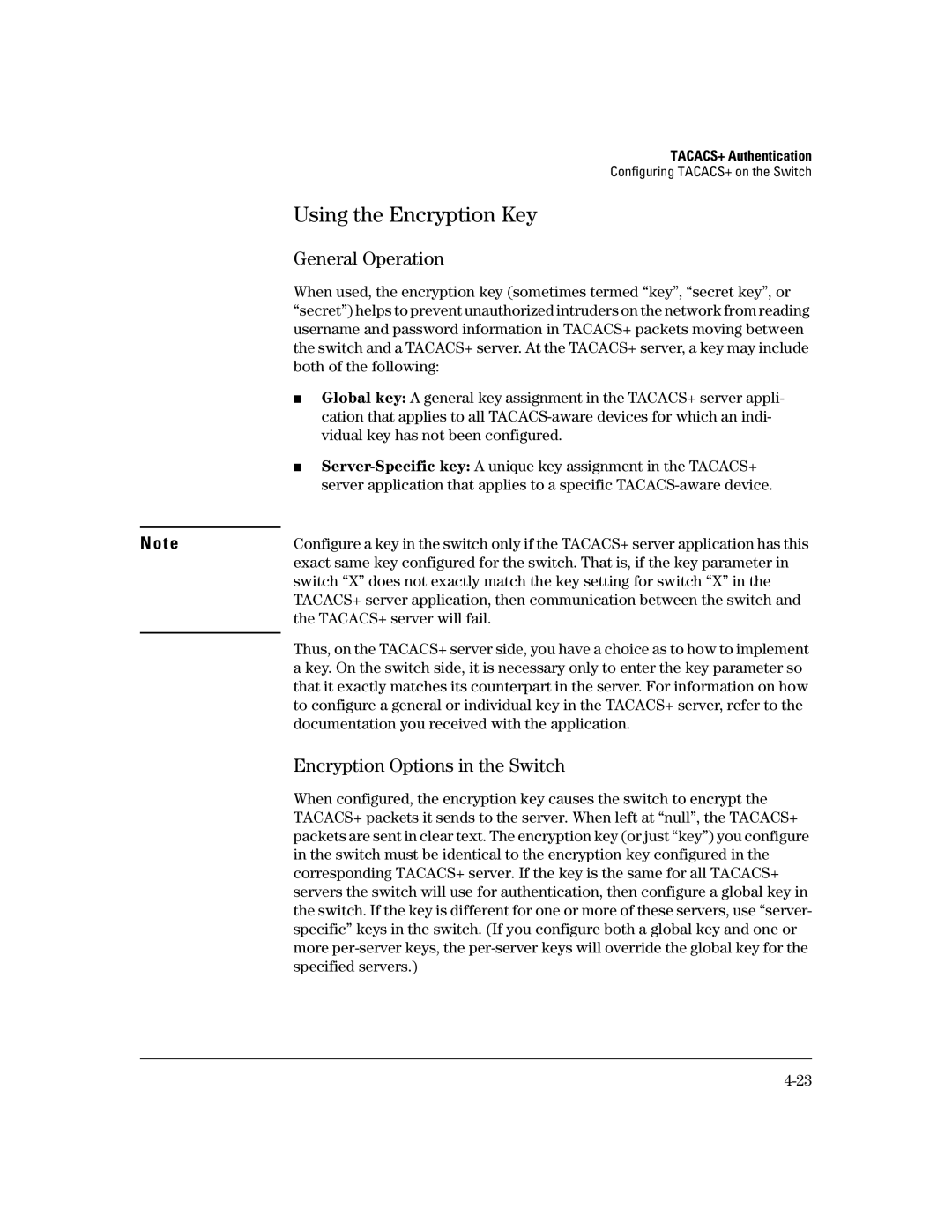 HP 2650 (J4899A/B), 4100gl, 2626 (J4900A/B) Using the Encryption Key, General Operation, Encryption Options in the Switch 