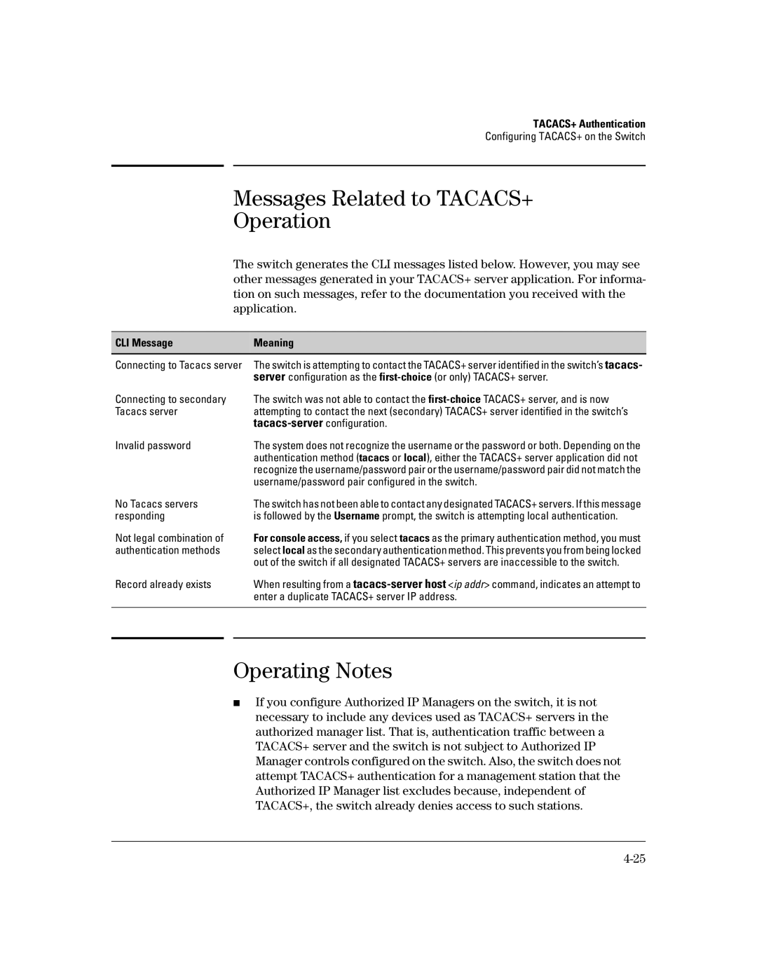 HP 2600-PWR, 6108 Messages Related to TACACS+ Operation, Operating Notes, Tacacs-server configuration, CLI Message Meaning 