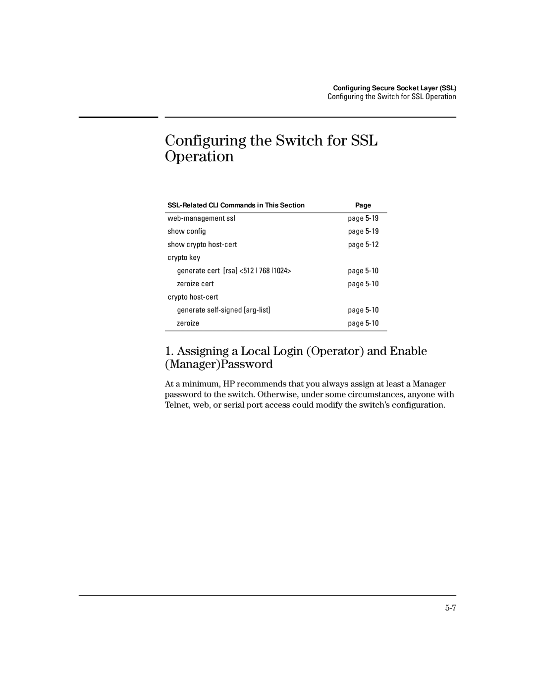 HP 4100gl manual Configuring the Switch for SSL Operation, Assigning a Local Login Operator and Enable ManagerPassword 