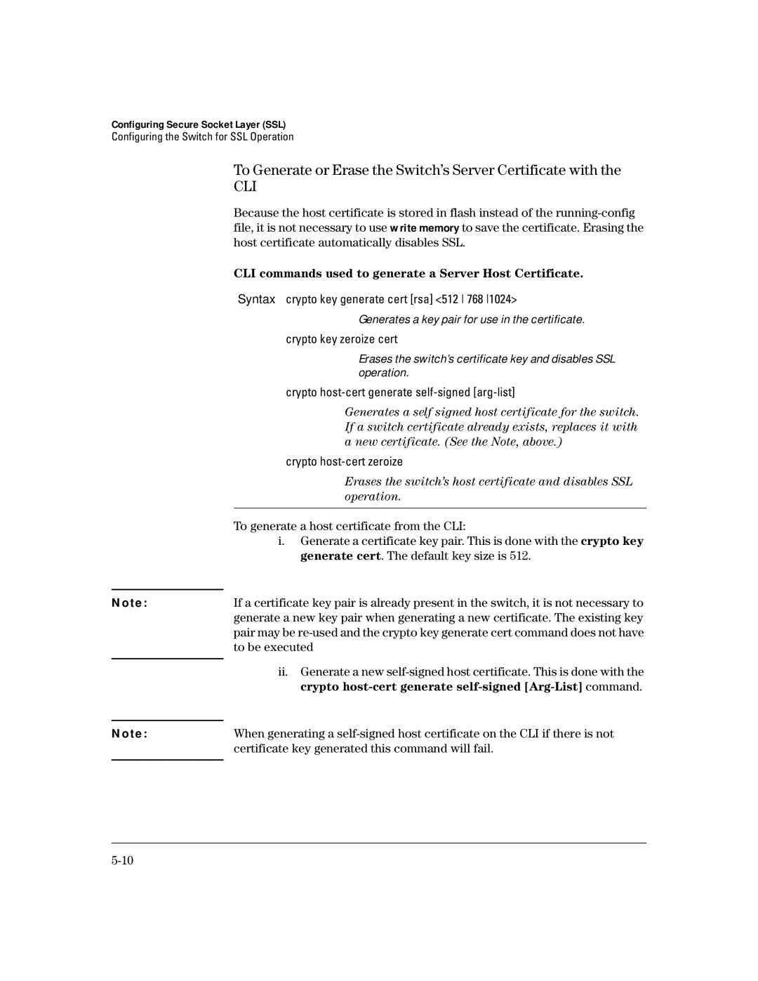 HP 4100gl manual Cli, CLI commands used to generate a Server Host Certificate 