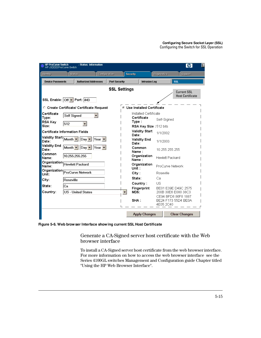 HP 4100gl manual Web browser Interface showing current SSL Host Certificate 