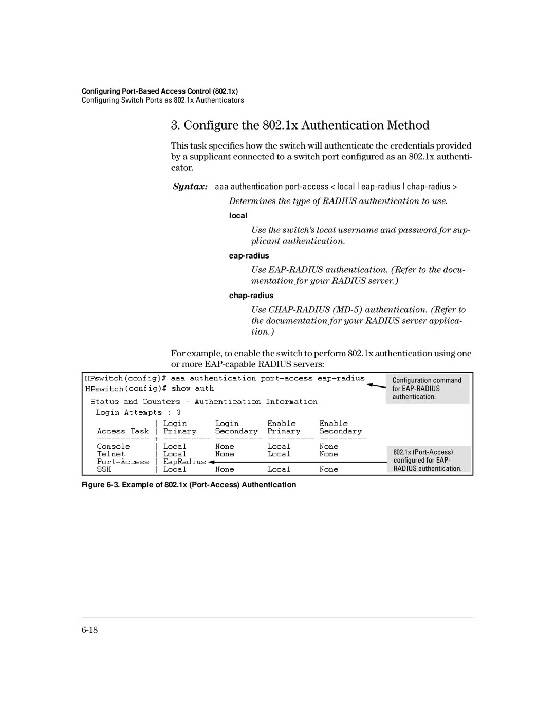 HP 4100gl manual Configure the 802.1x Authentication Method, Local, Eap-radius, Chap-radius 