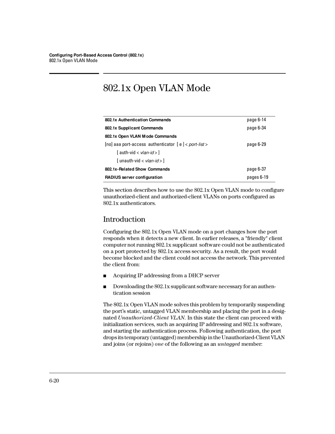 HP 4100gl manual 802.1x Open Vlan Mode, Introduction, 802.1x-Related Show Commands Radius server configuration 