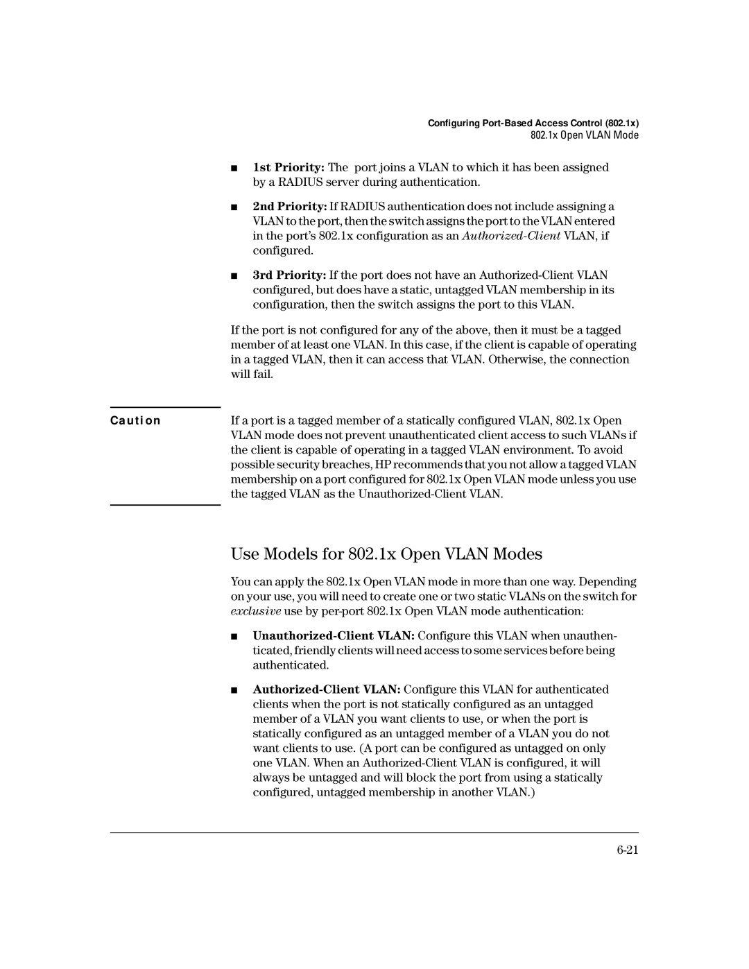 HP 4100gl manual Use Models for 802.1x Open Vlan Modes, Tagged Vlan as the Unauthorized-Client Vlan 