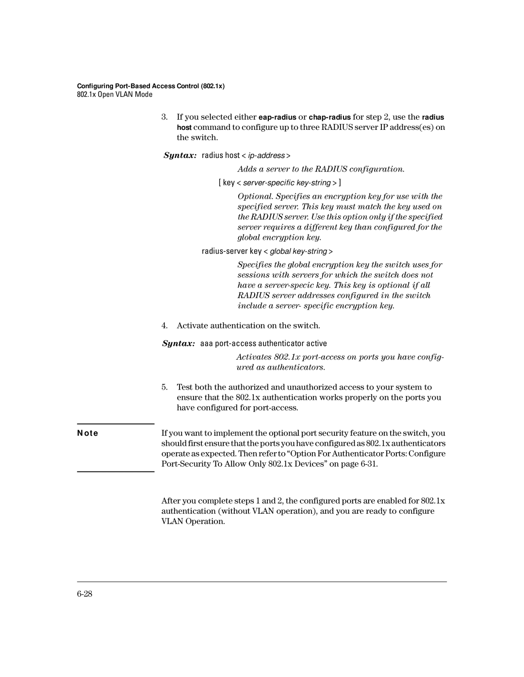 HP 4100gl manual Activate authentication on the switch, Port-Security To Allow Only 802.1x Devices on, Vlan Operation 