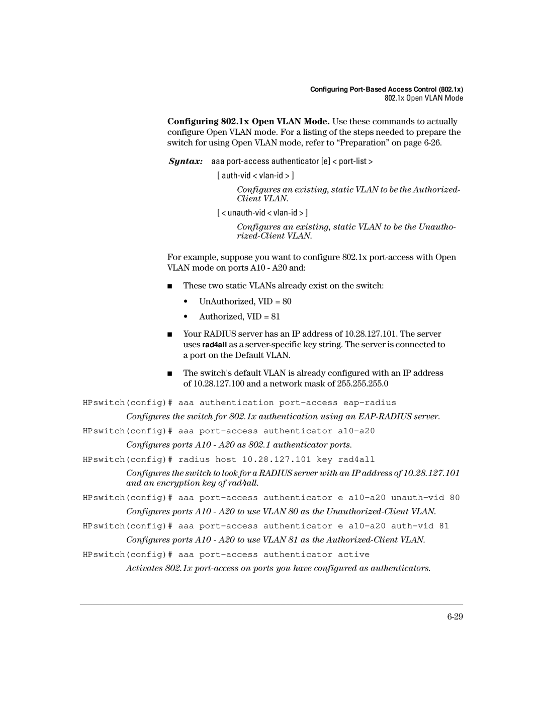 HP 4100gl manual HPswitchconfig# aaa authentication port-access eap-radius 