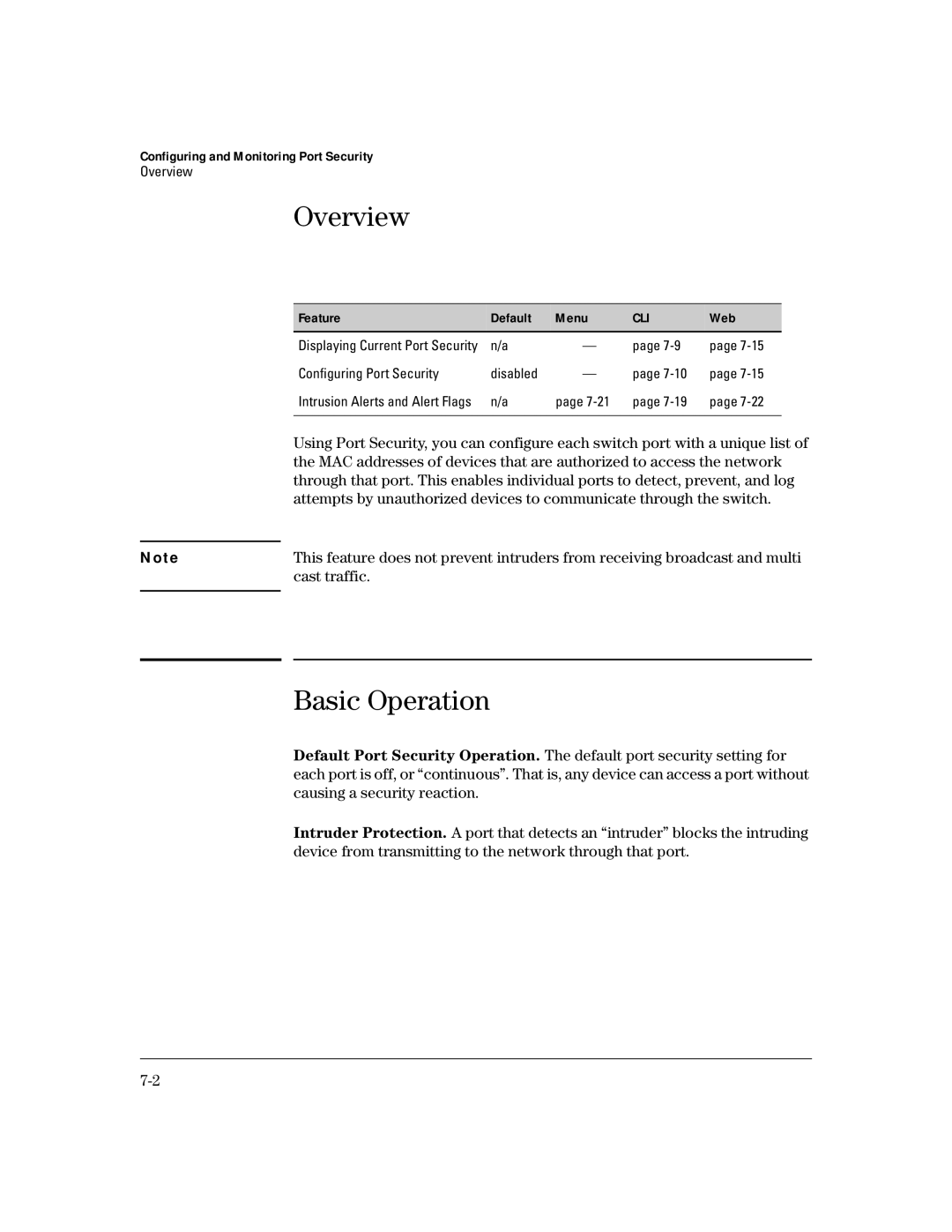 HP 4100gl manual Basic Operation, Configuring and Monitoring Port Security 