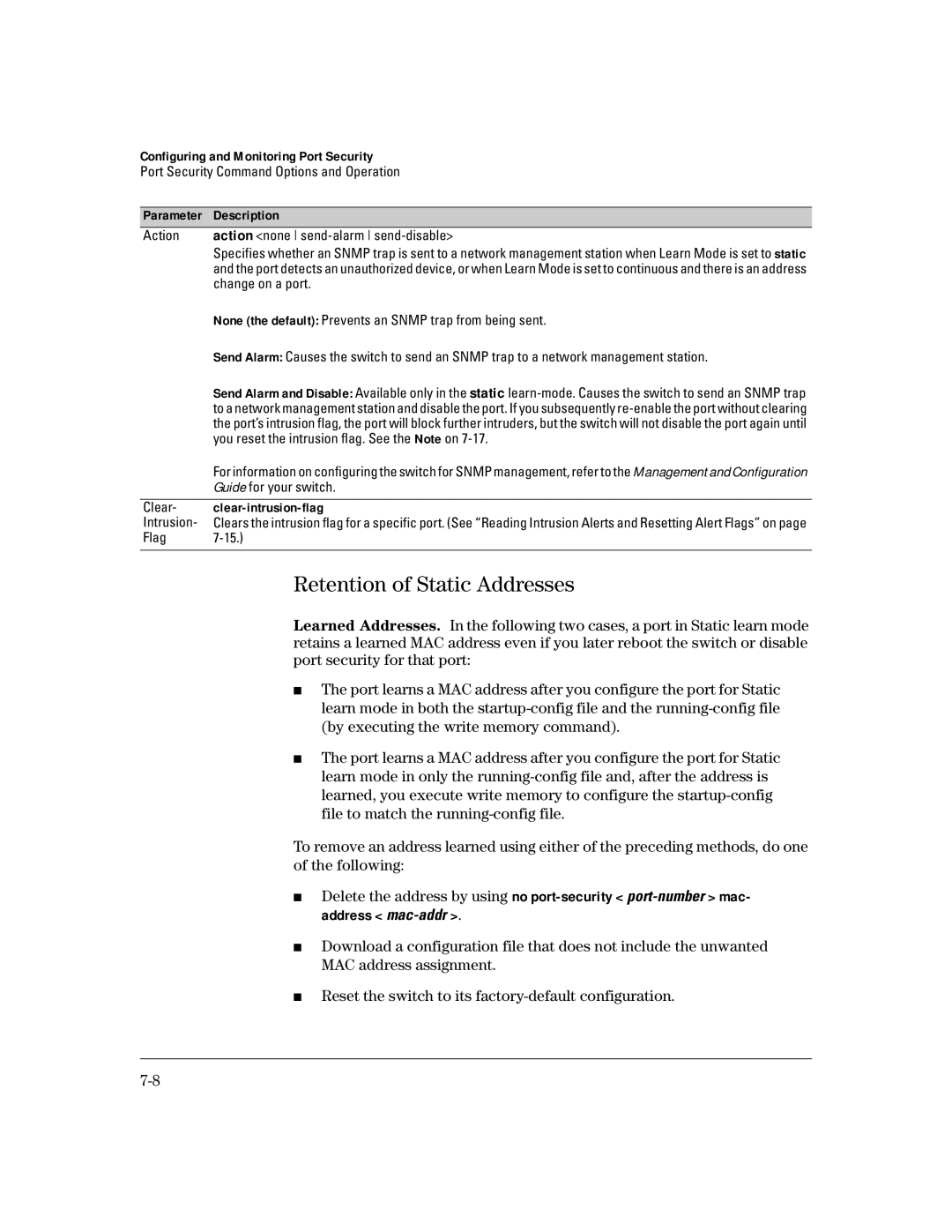 HP 4100gl manual Retention of Static Addresses, Parameter Description, Clear- clear-intrusion-flag 