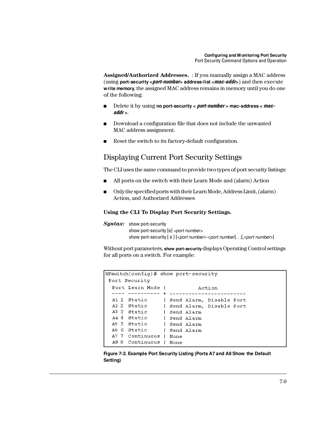 HP 4100gl manual Displaying Current Port Security Settings, Using the CLI To Display Port Security Settings 