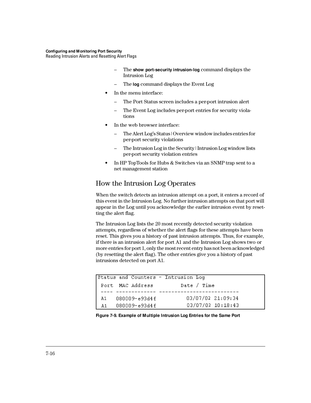 HP 4100gl manual How the Intrusion Log Operates, Example of Multiple Intrusion Log Entries for the Same Port 