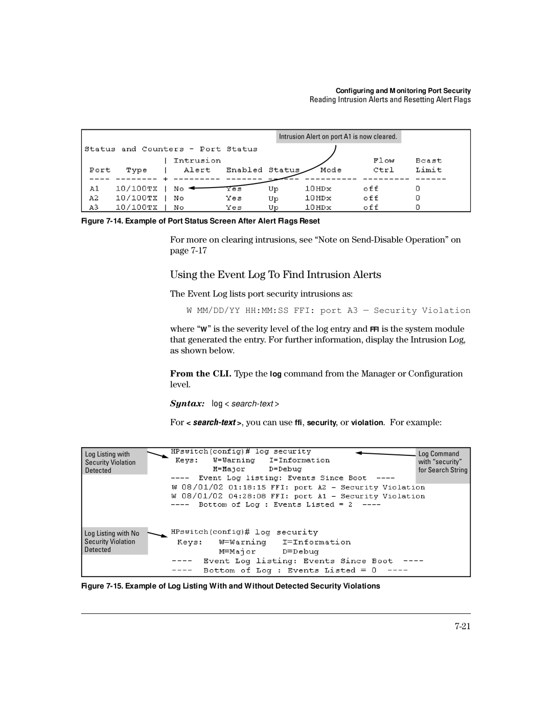 HP 4100gl manual Example of Port Status Screen After Alert Flags Reset, Event Log lists port security intrusions as 