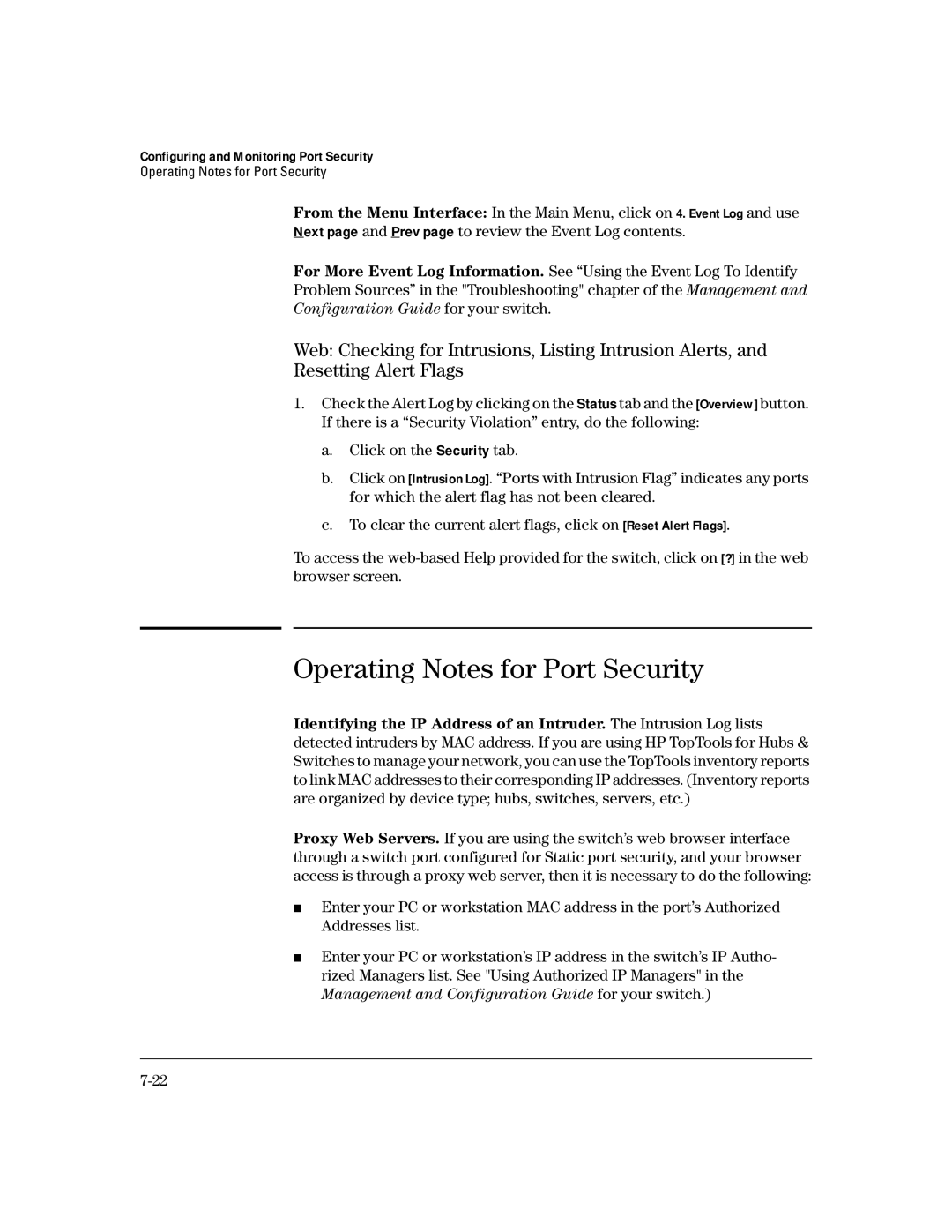 HP 4100gl manual Operating Notes for Port Security 