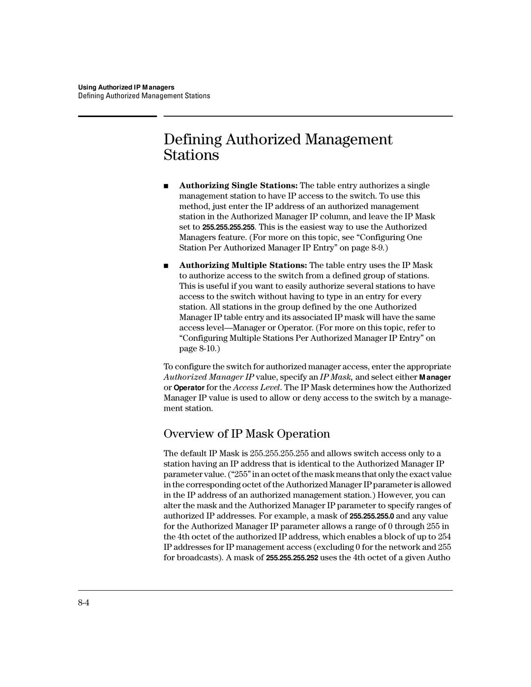 HP 4100gl manual Defining Authorized Management Stations, Overview of IP Mask Operation 