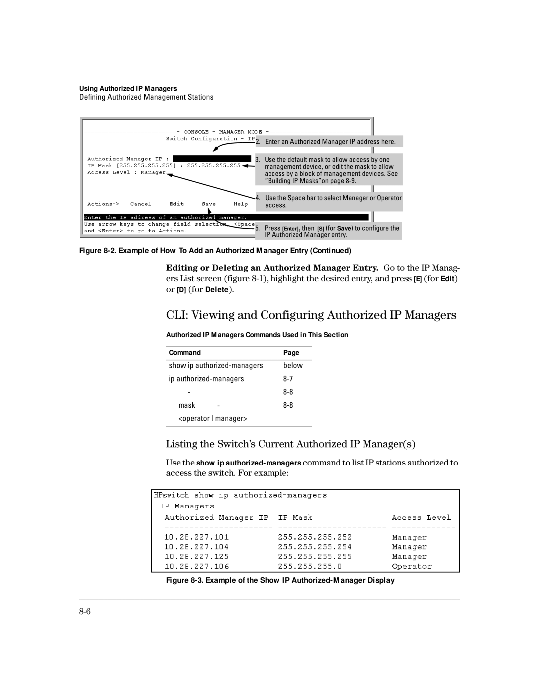 HP 4100gl manual CLI Viewing and Configuring Authorized IP Managers, Authorized IP Managers Commands Used in This Section 