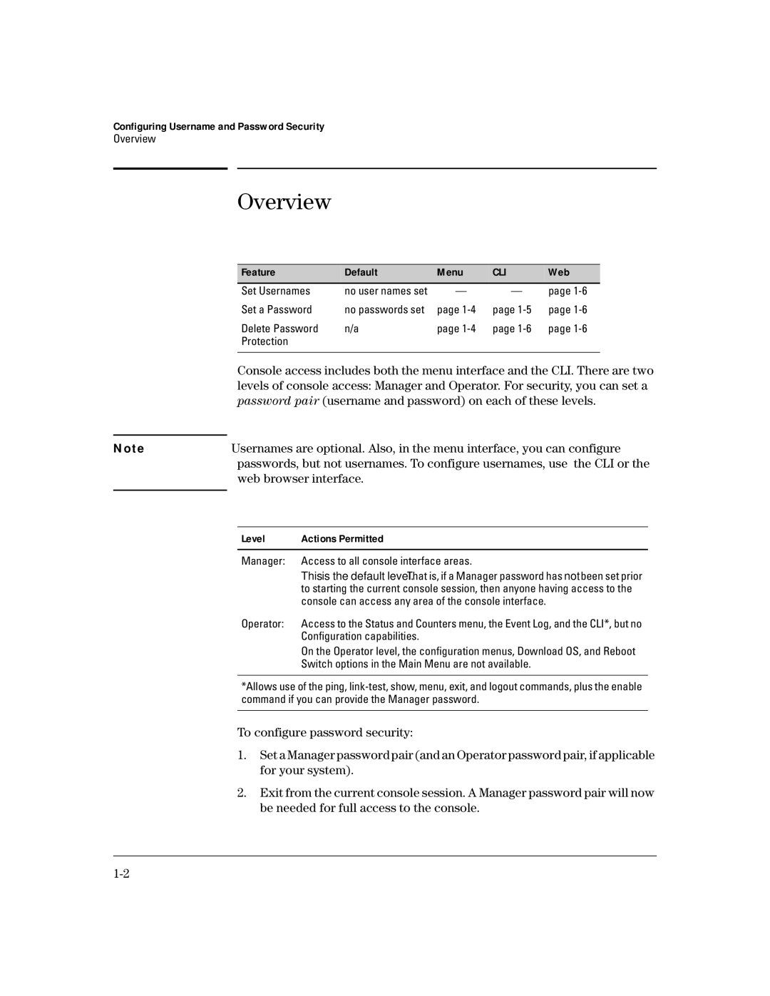 HP 4100gl manual Overview, Configuring Username and Password Security, Feature Default Menu, Level Actions Permitted 