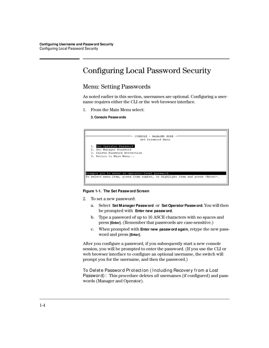 HP 4100gl manual Configuring Local Password Security, Menu Setting Passwords, To set a new password, Console Passwords 