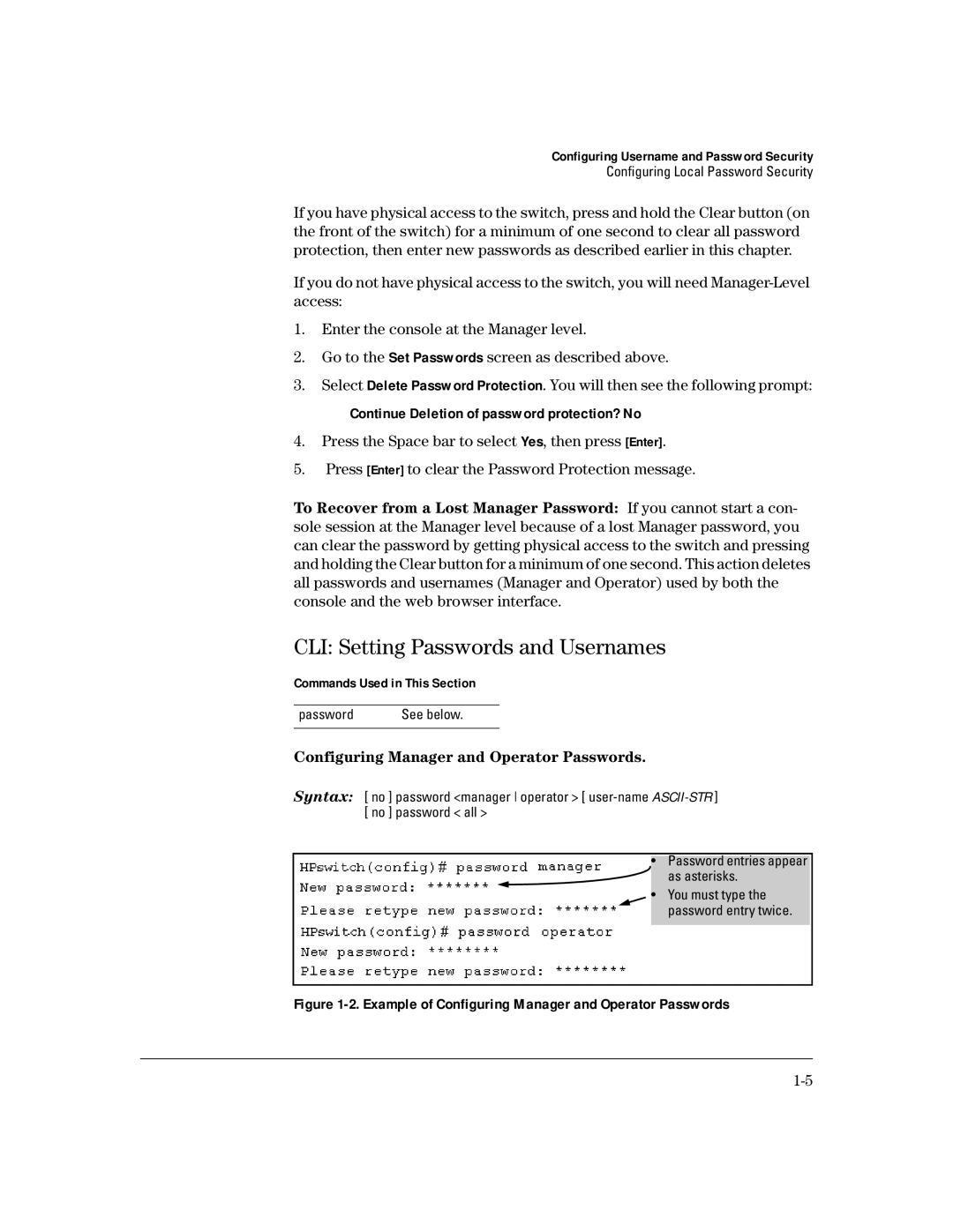 HP 4100gl CLI Setting Passwords and Usernames, Continue Deletion of password protection? No, Commands Used in This Section 