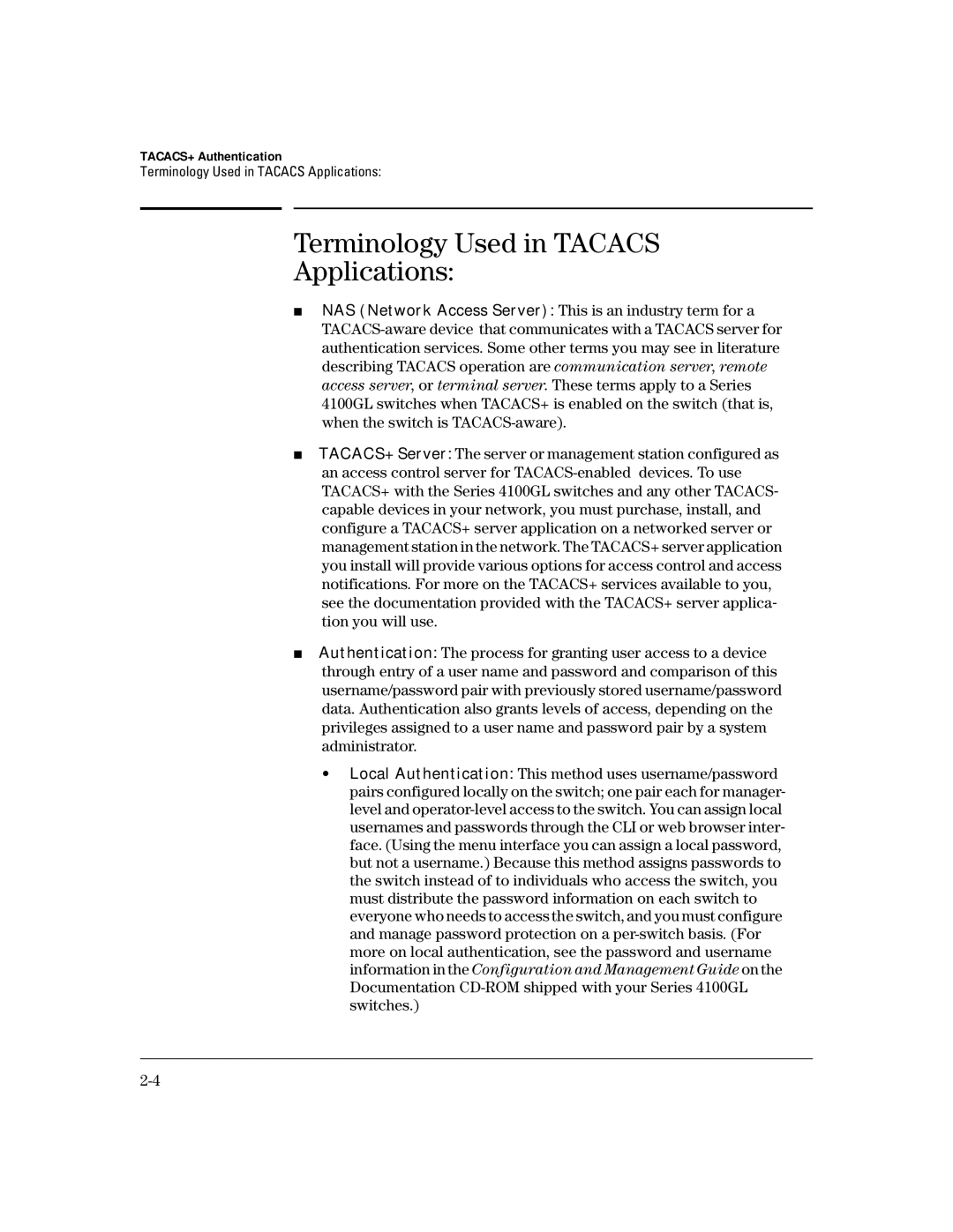 HP 4100gl manual Terminology Used in Tacacs Applications 