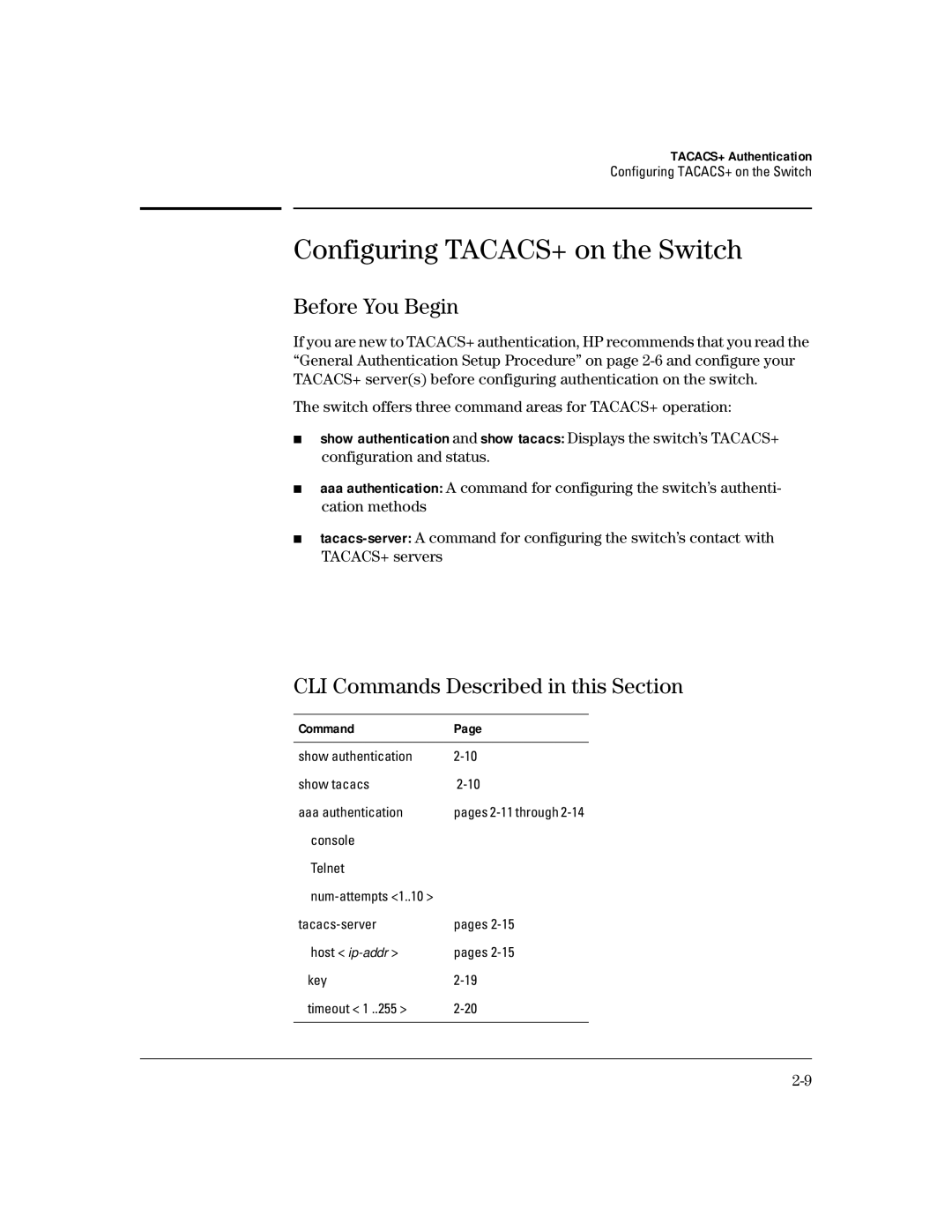 HP 4100gl manual Configuring TACACS+ on the Switch, Before You Begin, CLI Commands Described in this Section 