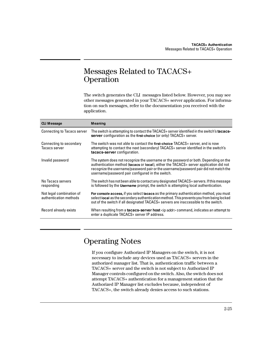 HP 4100gl manual Messages Related to TACACS+ Operation, Operating Notes, Tacacs-server configuration, CLI Message Meaning 