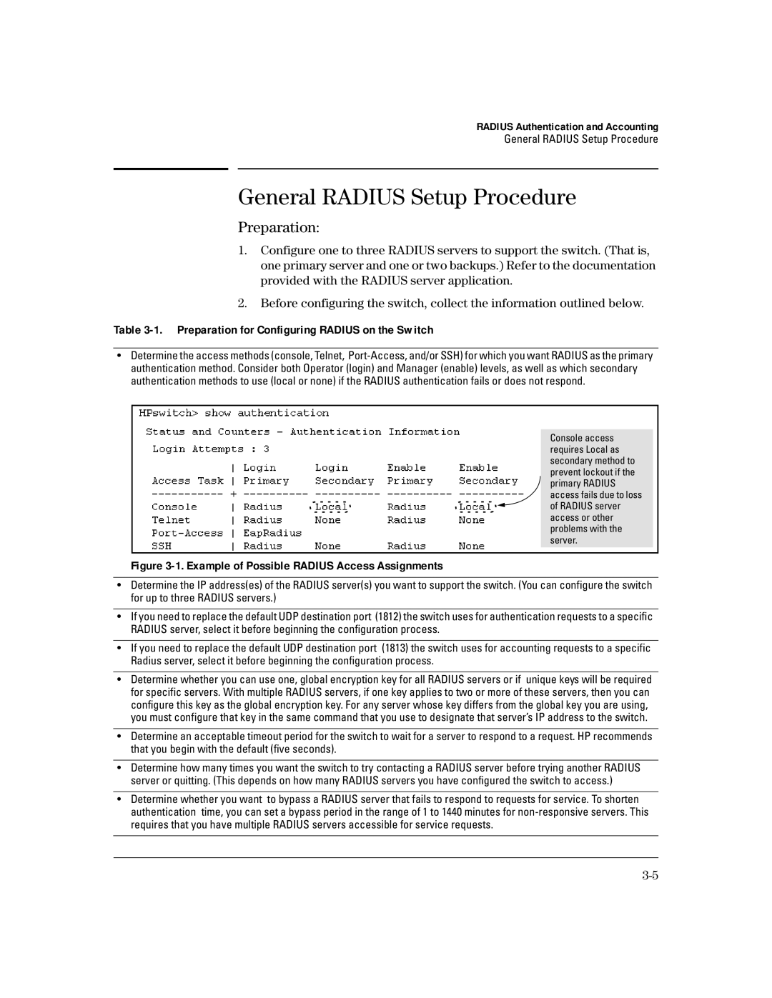 HP 4100gl manual General Radius Setup Procedure, Preparation for Configuring Radius on the Switch 