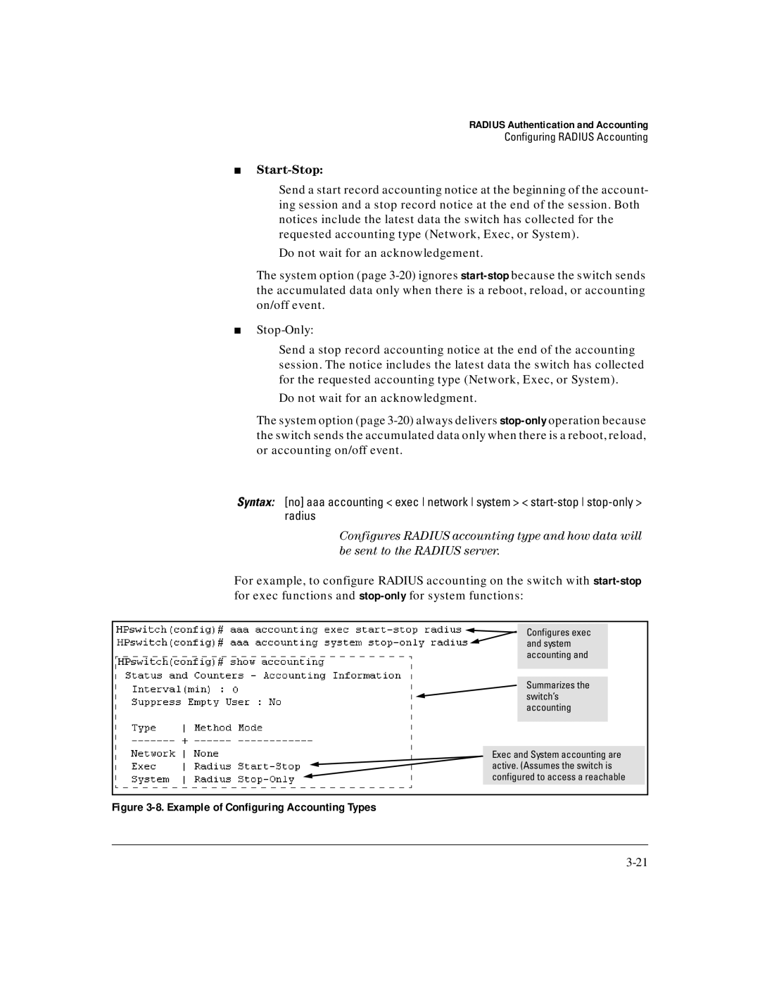 HP 4100gl manual Start-Stop, Example of Configuring Accounting Types 