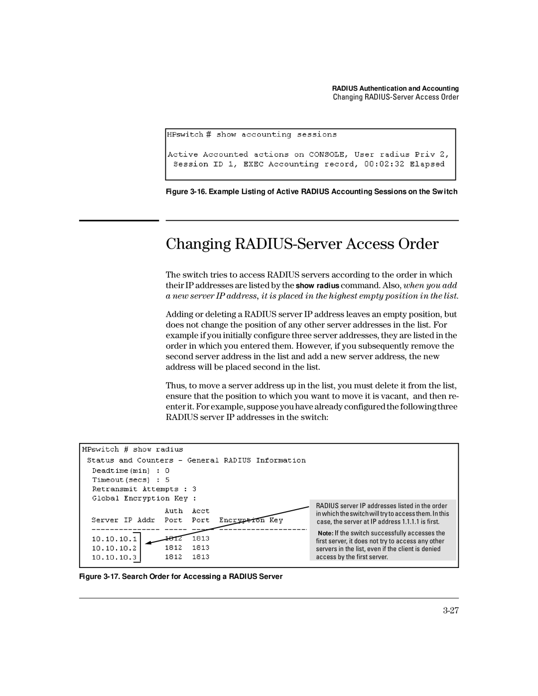 HP 4100gl manual Changing RADIUS-Server Access Order, Search Order for Accessing a Radius Server 