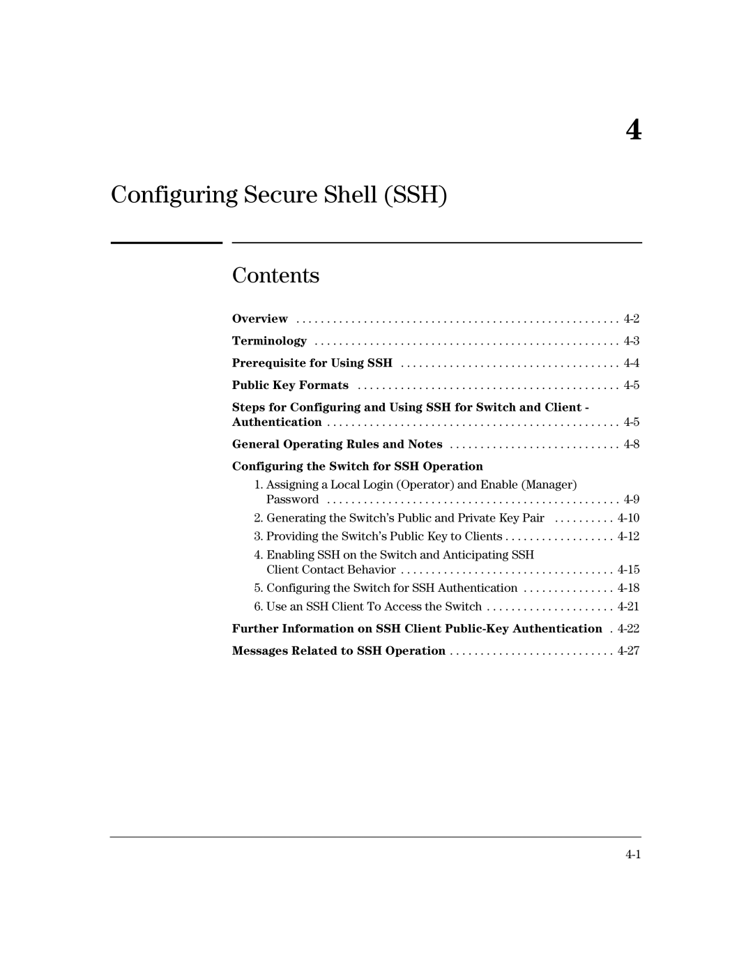 HP 4100gl manual Configuring Secure Shell SSH, Configuring the Switch for SSH Operation 