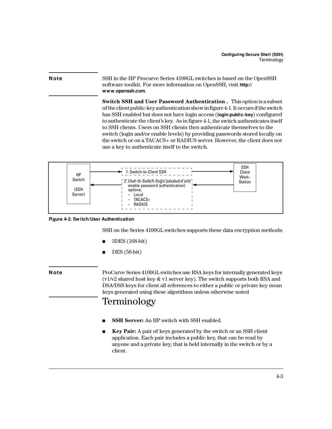 HP 4100gl manual Use a key to authenticate itself to the switch, 3DES 168-bit, DES 56-bit 