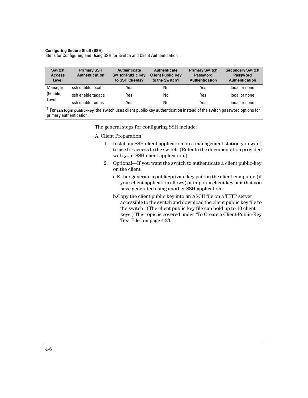 HP 4100gl manual Switch Primary SSH Authenticate Primary Switch, Manager Ssh enable local, Enable Ssh enable tacacs 