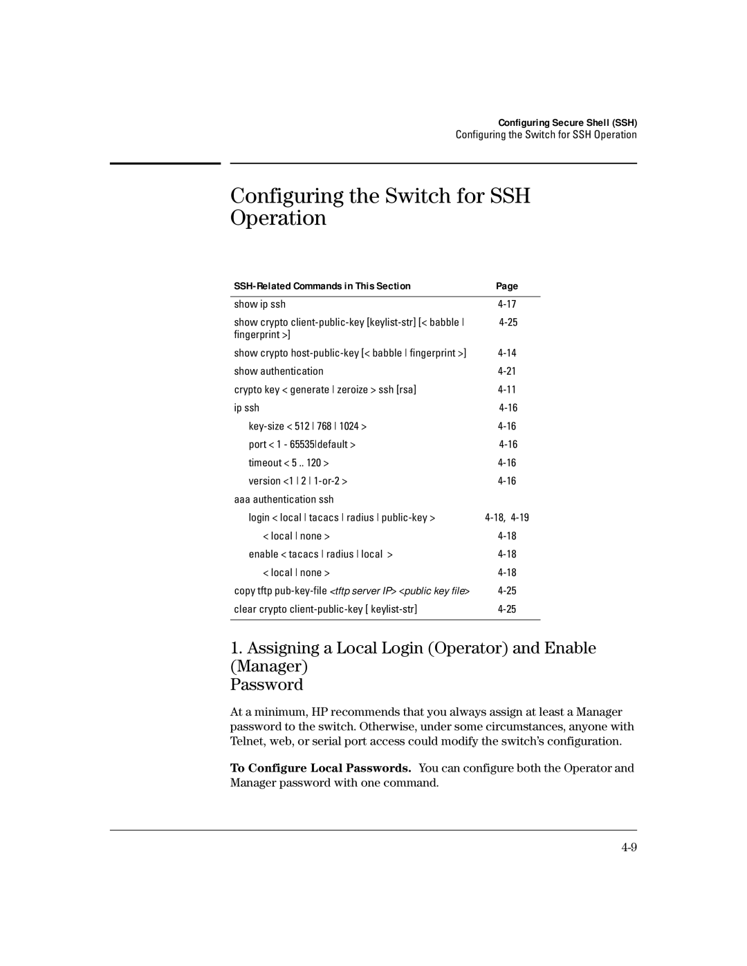 HP 4100gl manual Configuring the Switch for SSH Operation, SSH-Related Commands in This Section 