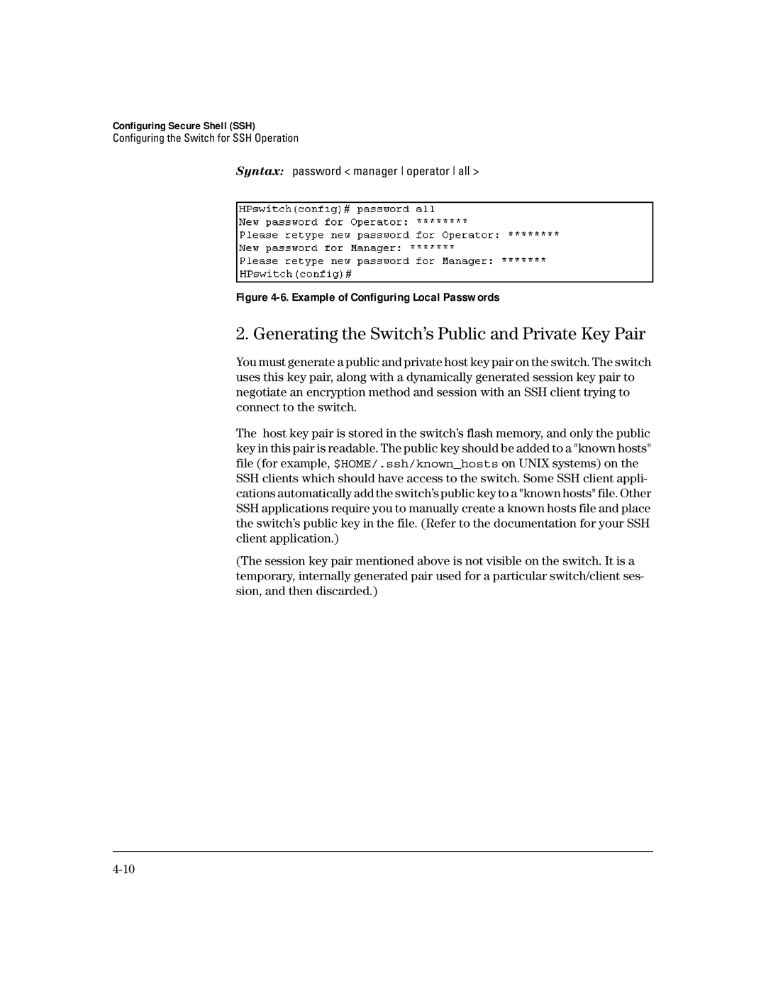 HP 4100gl manual Generating the Switch’s Public and Private Key Pair, Example of Configuring Local Passwords 