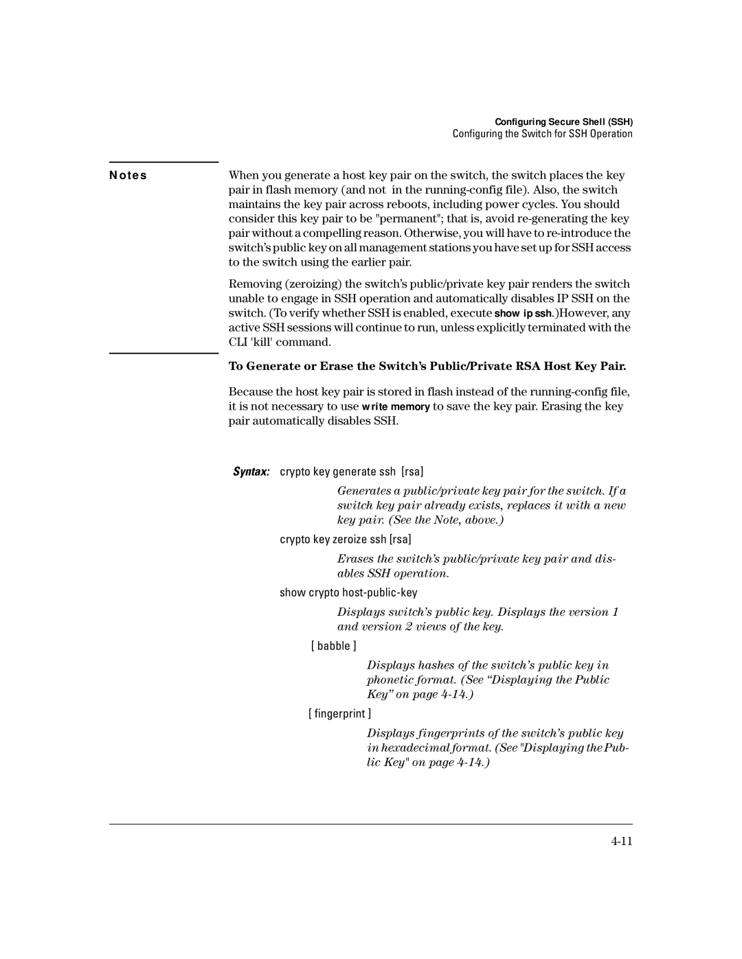 HP 4100gl manual To the switch using the earlier pair, CLI kill command, Pair automatically disables SSH 