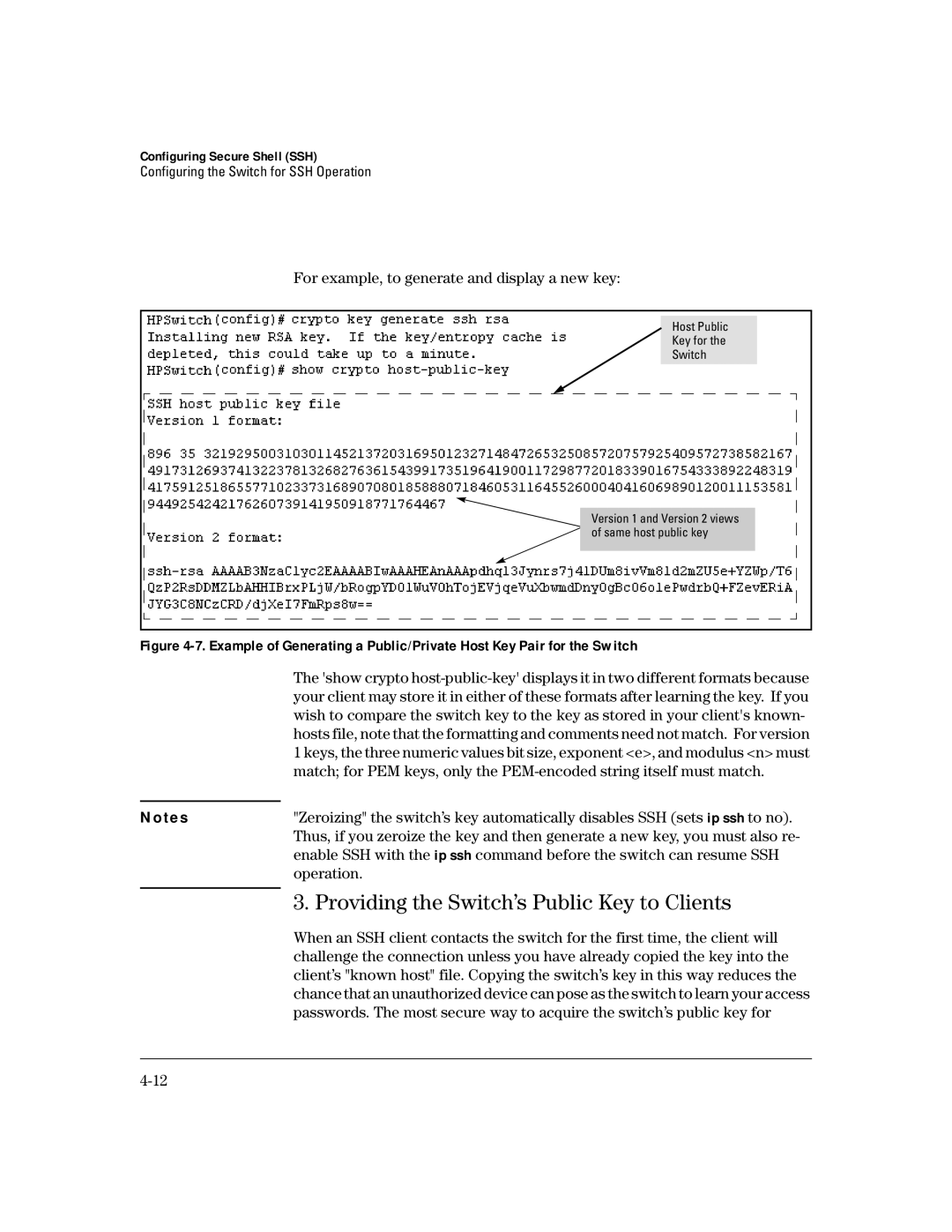 HP 4100gl manual Providing the Switch’s Public Key to Clients, For example, to generate and display a new key, Operation 