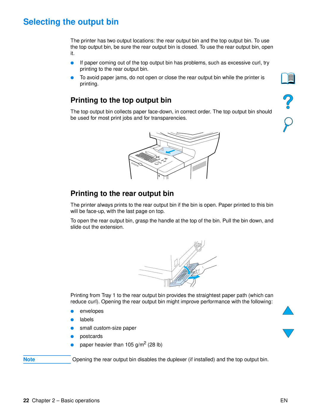 HP 4100mfp manual Selecting the output bin, Printing to the top output bin, Printing to the rear output bin 