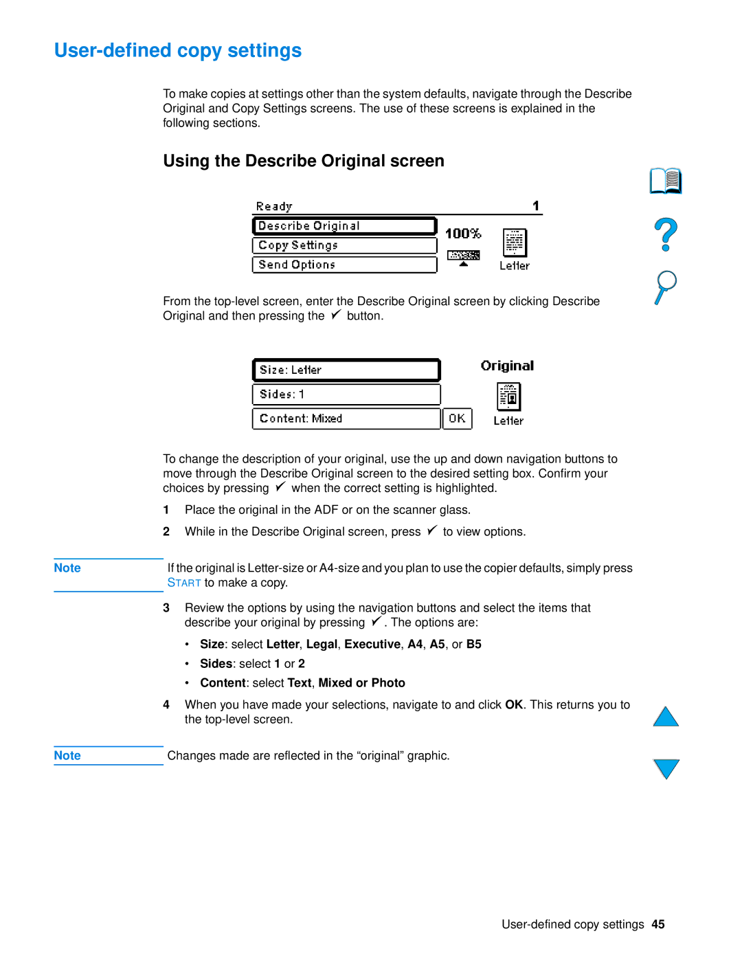 HP 4100mfp manual User-defined copy settings, Using the Describe Original screen, Content select Text, Mixed or Photo 