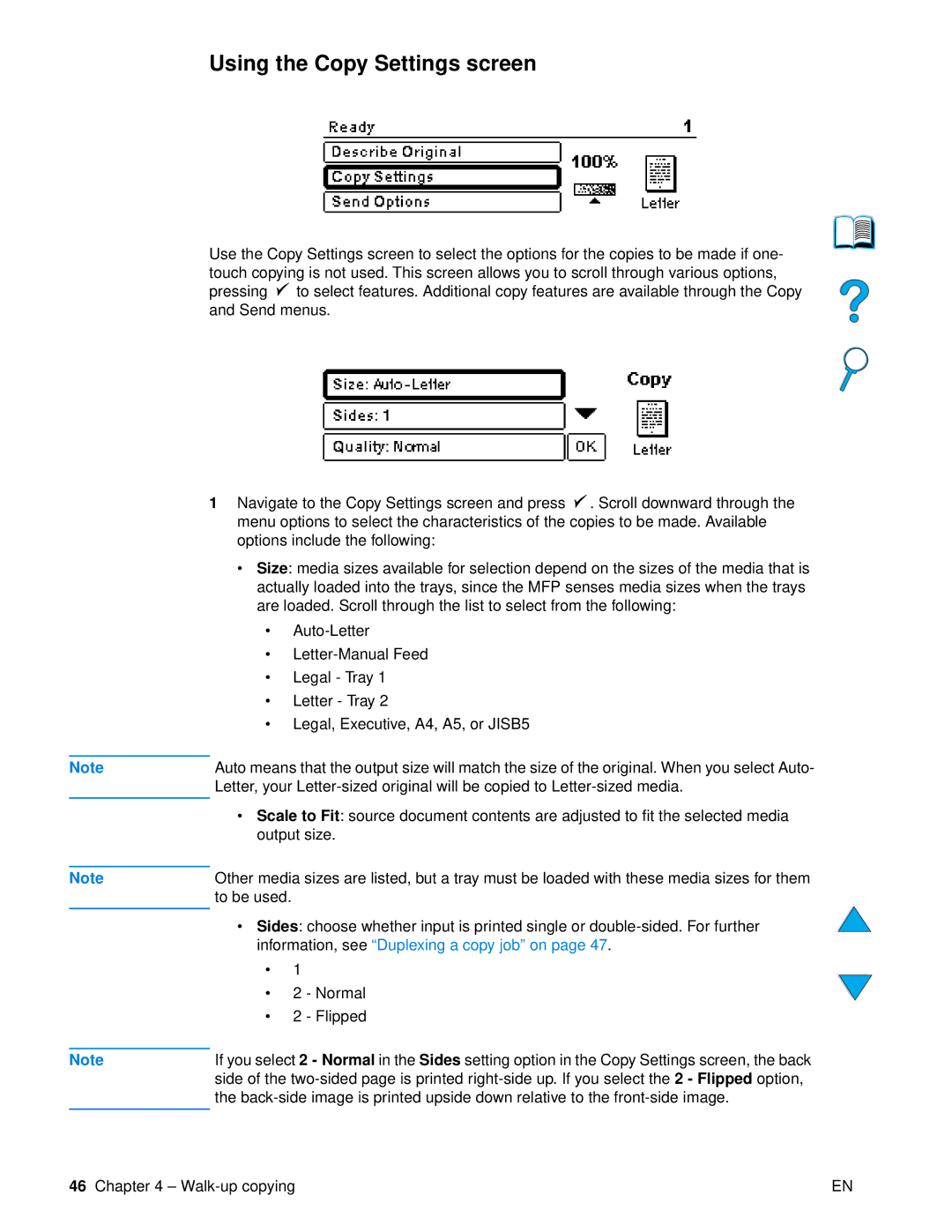 HP 4100mfp manual Using the Copy Settings screen, Information, see Duplexing a copy job on 