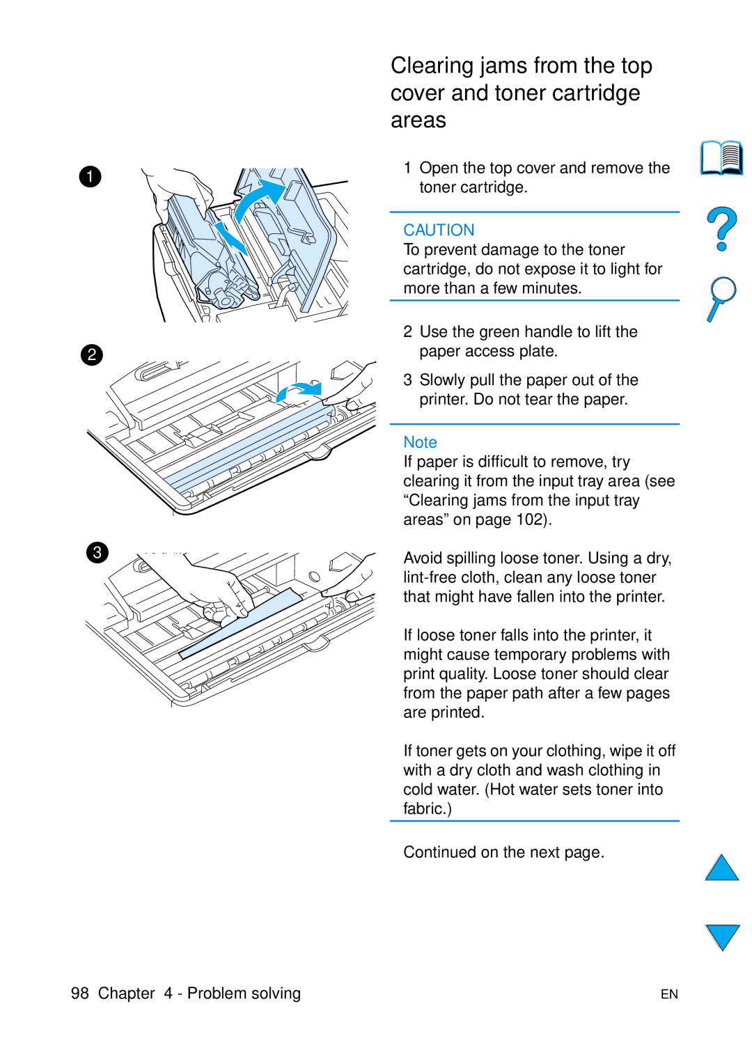 HP 4100TN, 4100N manual Clearing jams from the top cover and toner cartridge areas, On the next 