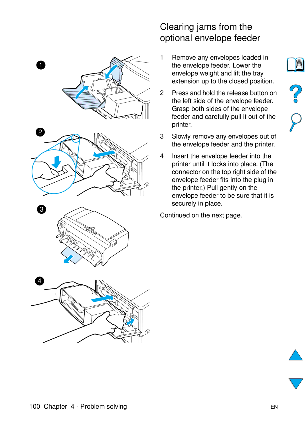 HP 4100TN, 4100N manual Clearing jams from, Optional envelope feeder 