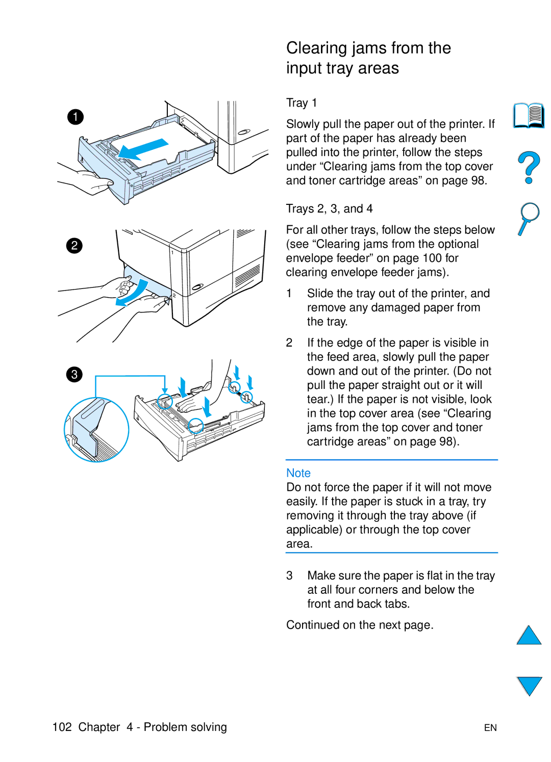 HP 4100TN, 4100N manual Clearing jams from the input tray areas, Trays 2, 3 
