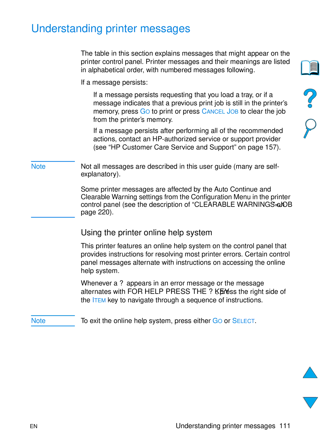 HP 4100N, 4100TN manual Understanding printer messages, Using the printer online help system, If a message persists 