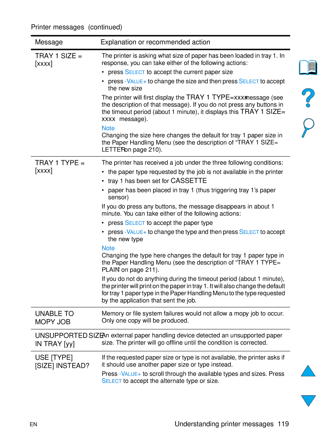 HP 4100N, 4100TN manual Tray Size =, Tray 1 Type =, Unable to, Mopy JOB, Unsupported Size, USE Type, Size INSTEAD? 