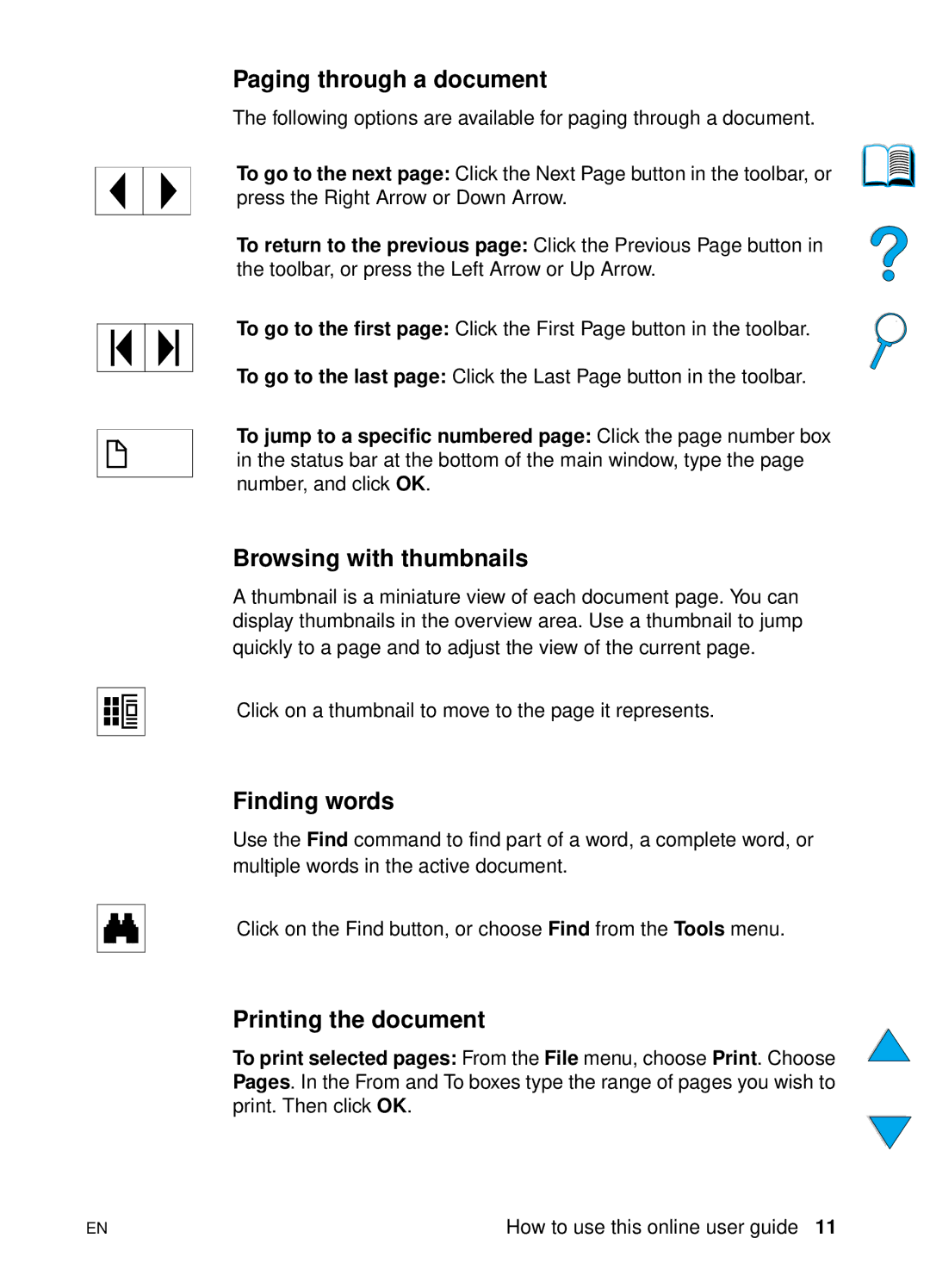 HP 4100N, 4100TN manual Paging through a document, Browsing with thumbnails, Finding words, Printing the document 