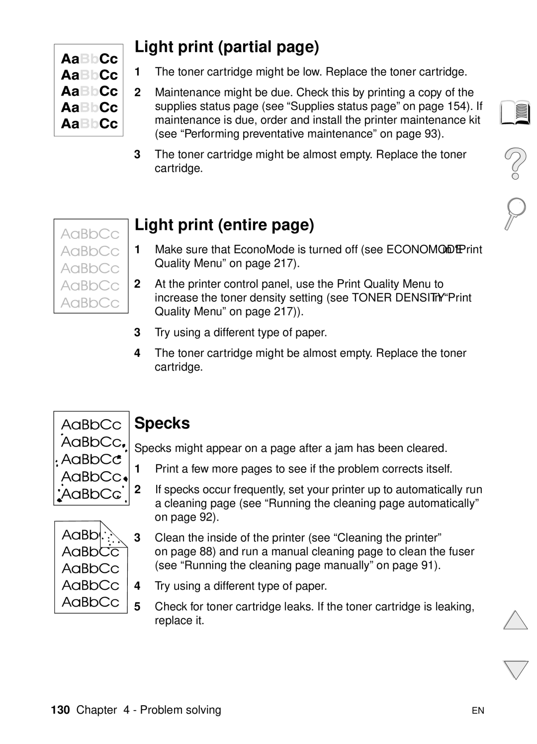 HP 4100TN, 4100N manual Light print partial, Light print entire, Specks 