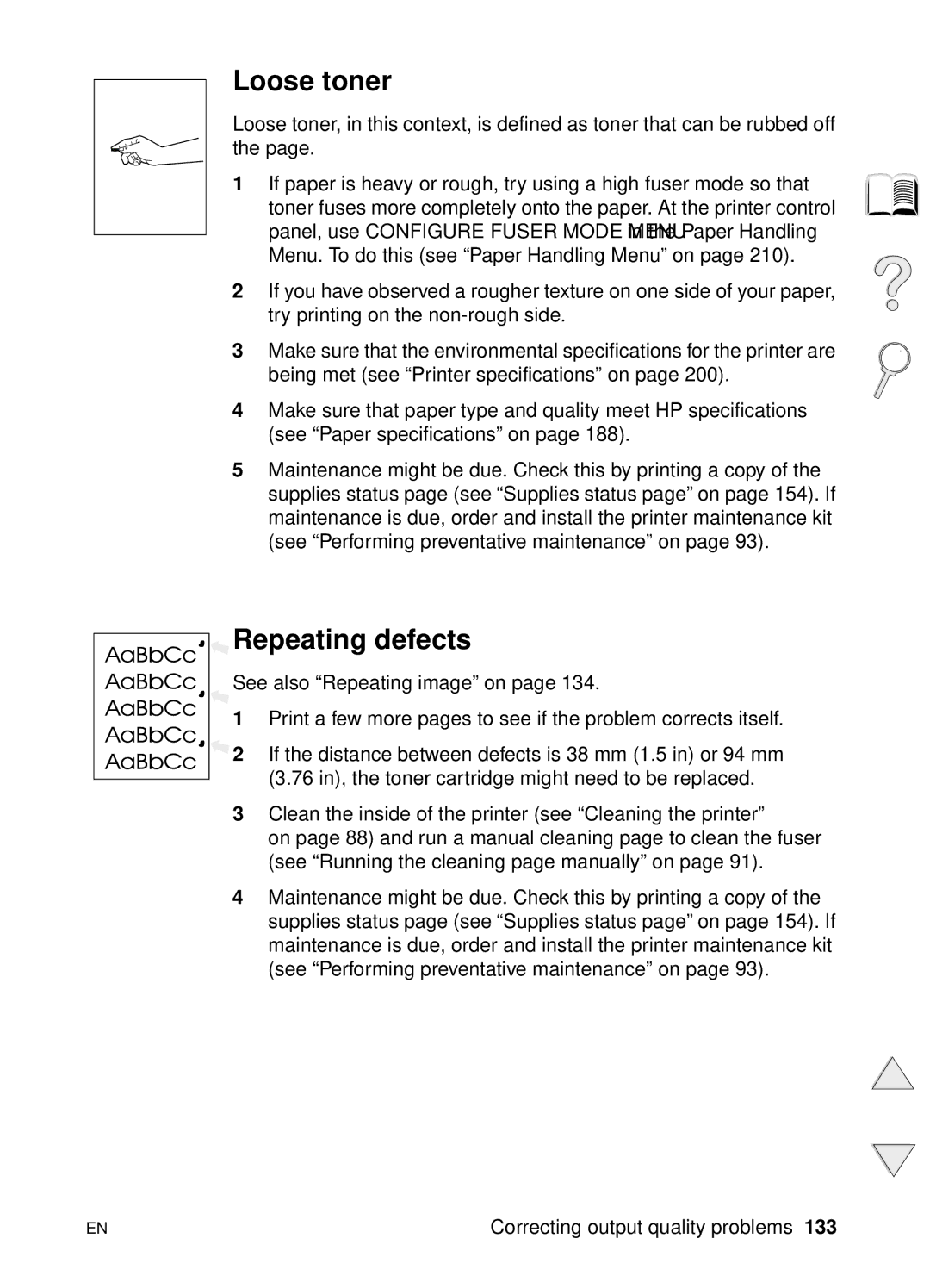 HP 4100N, 4100TN manual Loose toner, Repeating defects 